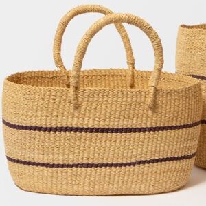 Handwoven Straw Tote Bag with Purple Stripes
